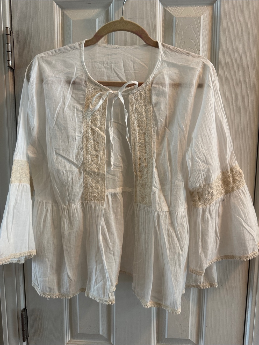 Women's Cream Peasant Blouse with Lace Trim
